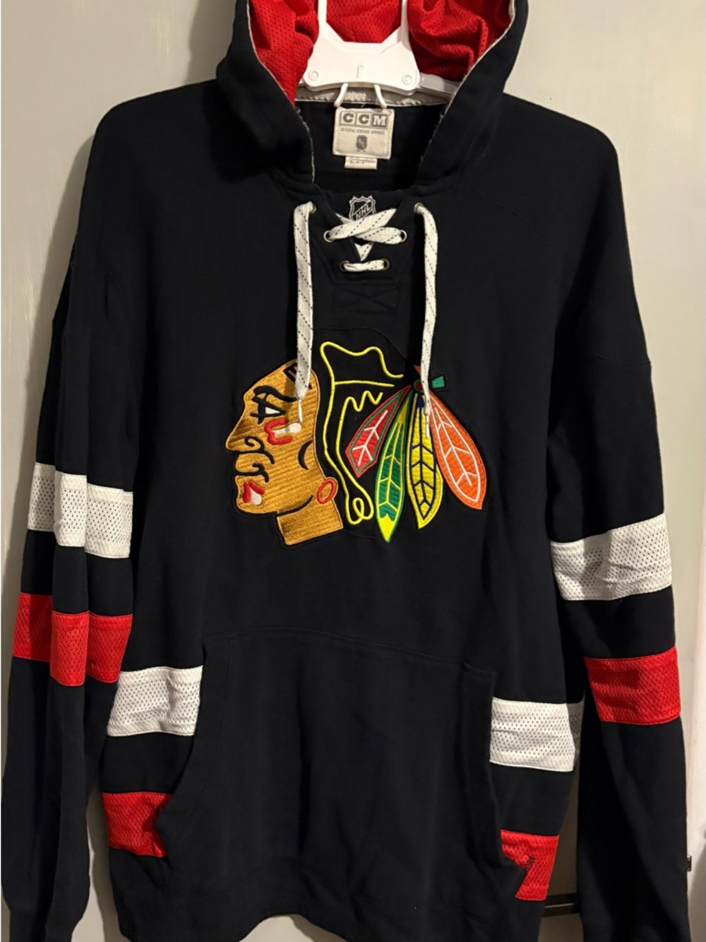 CCM Black Chicago Blackhawks V-Neck Pullover Sweater with Red & White Accents